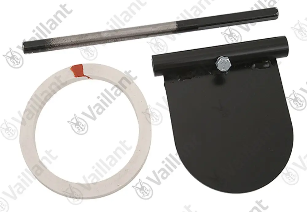 Drei Bauteile von Vaillant, bestehend aus einer weißen Ringdichtung, einem schwarzen Metallblatt und einem metallischen Stift mit einer rauen Oberfläche, angeordnet auf hellem Hintergrund.